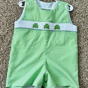 Green Gingham Baby Jon Jon with Shamrock Embroidery